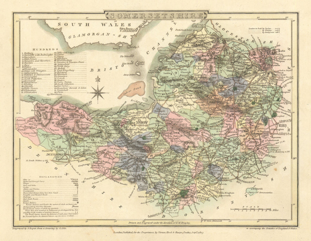 Antique hand-coloured Somersetshire county map by George Cole & John Roper 1810