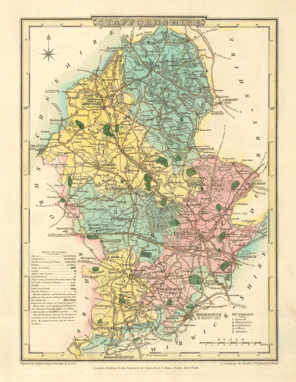 Antique hand-coloured Staffordshire county map by George Cole & John Roper 1810
