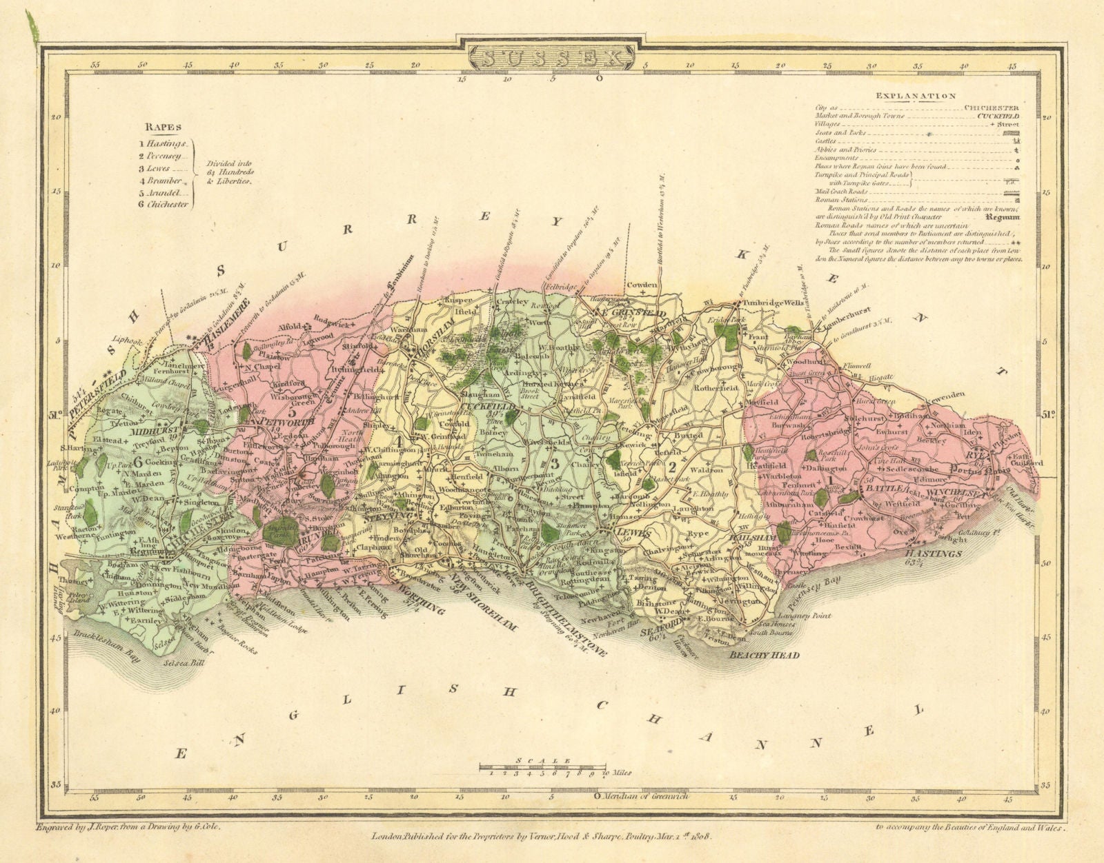 Antique hand-coloured Sussex county map by George Cole & John Roper ...