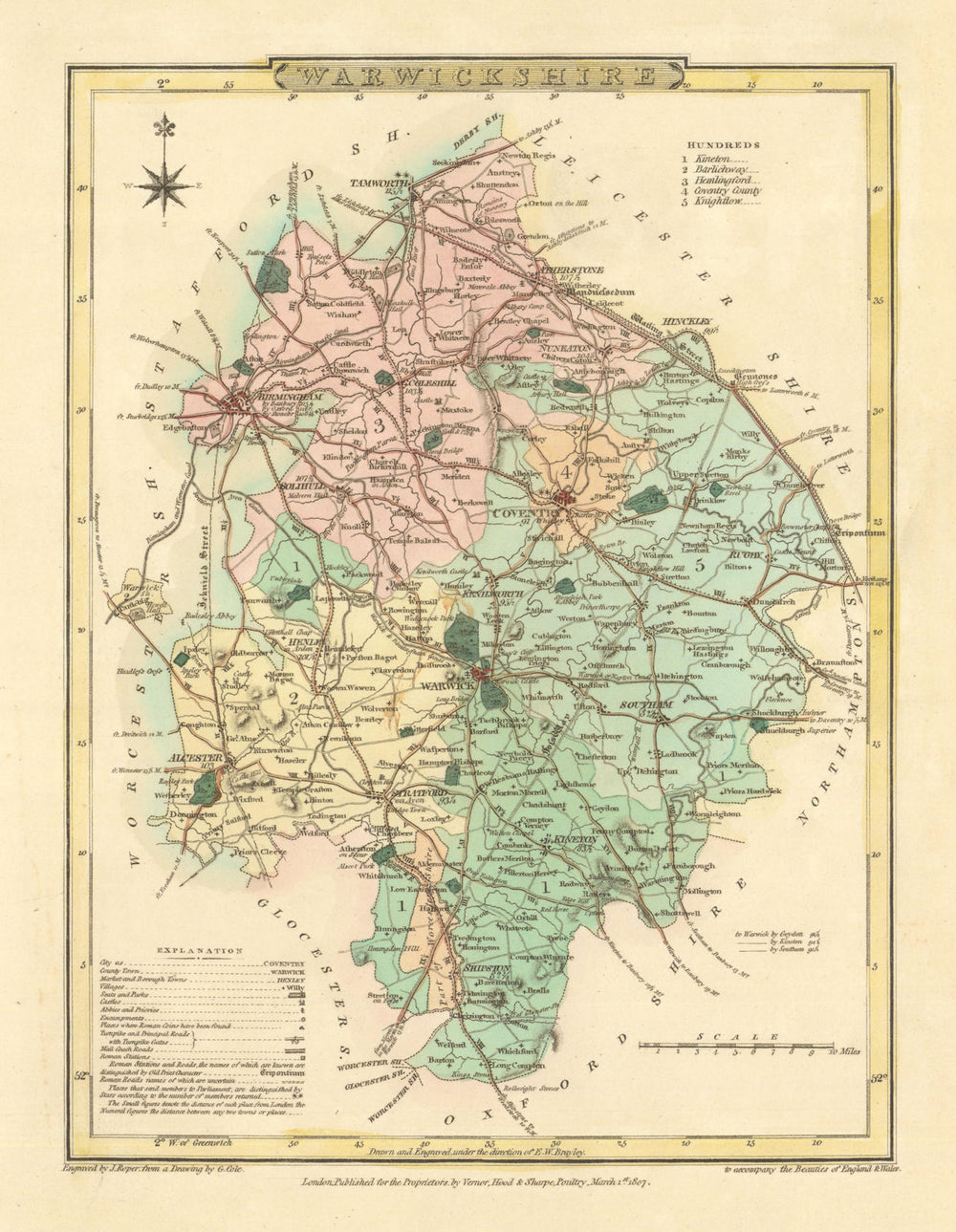 Antique hand-coloured Warwickshire county map by George Cole & John Roper 1810