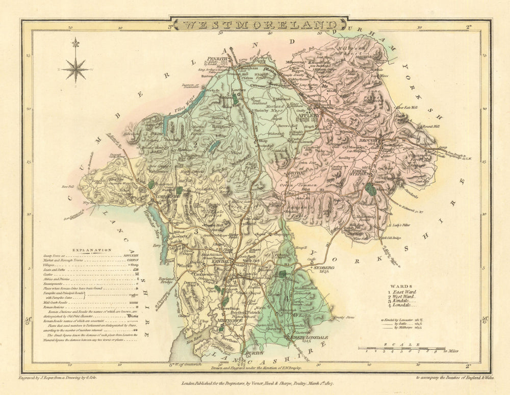 Antique hand-coloured Westmoreland county map by George Cole & John Roper 1810