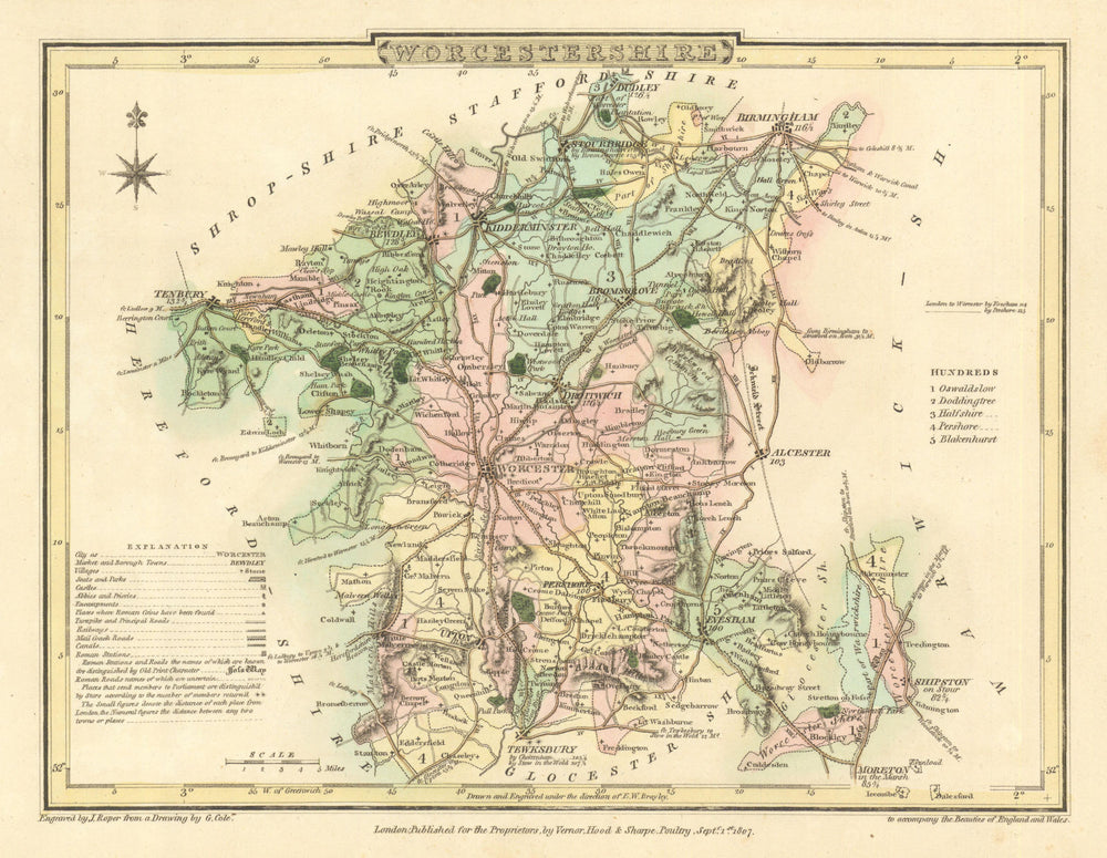 Antique hand-coloured Worcestershire county map by George Cole & John Roper 1810