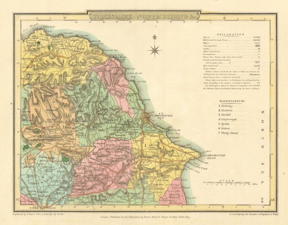 Antique hand-coloured Yorkshire North Riding county map by Cole & Roper 1810