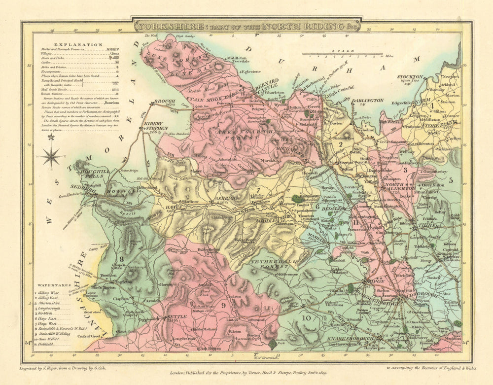 Antique coloured Part of Yorkshire North Riding county map by Cole & Roper 1810