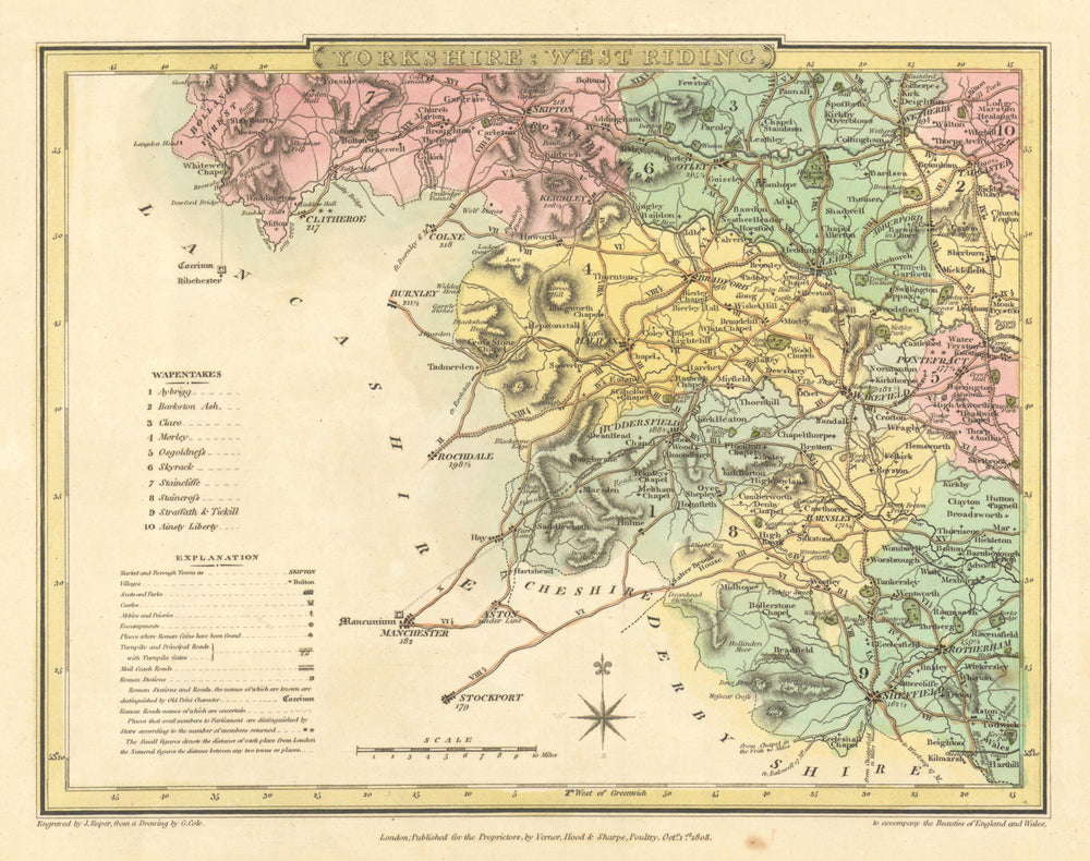 Antique hand-coloured West Riding of Yorkshire county map by Cole & Roper 1810