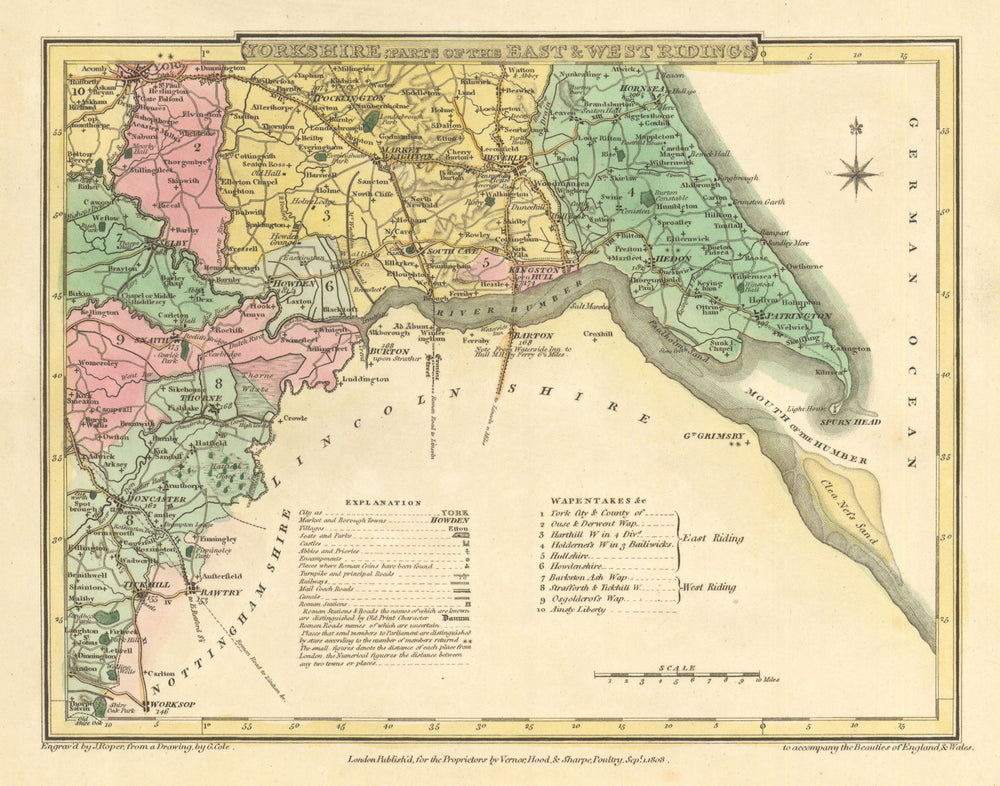 Antique Parts of Yorkshire East & West Ridings county map by Cole & Roper 1810