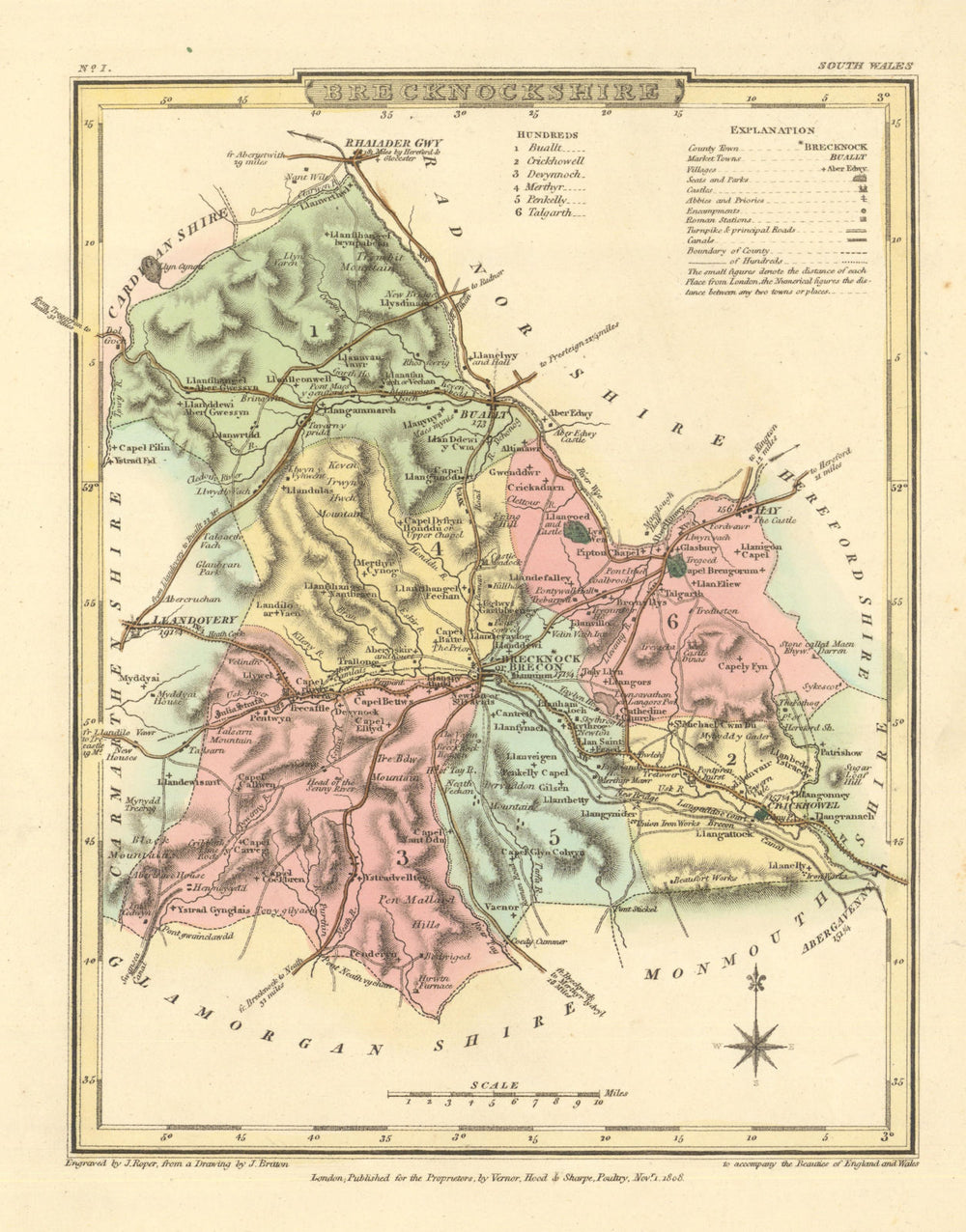 Antique hand-coloured Brecknockshire county map. Cole & Roper. Breconshire 1810
