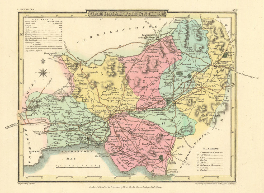 Antique coloured Caermarthenshire/Carmarthenshire county map. Cole & Roper 1810