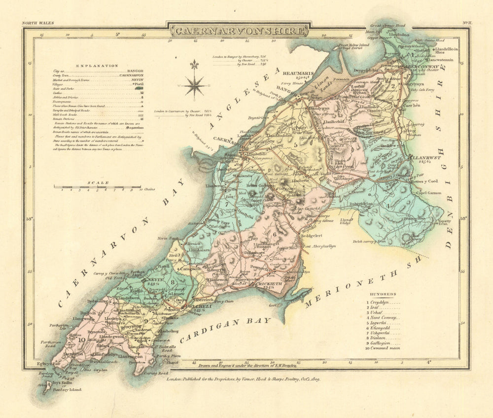 Antique hand-coloured Caernarvonshire/Carnarfonshire county map. Cole/Roper 1810