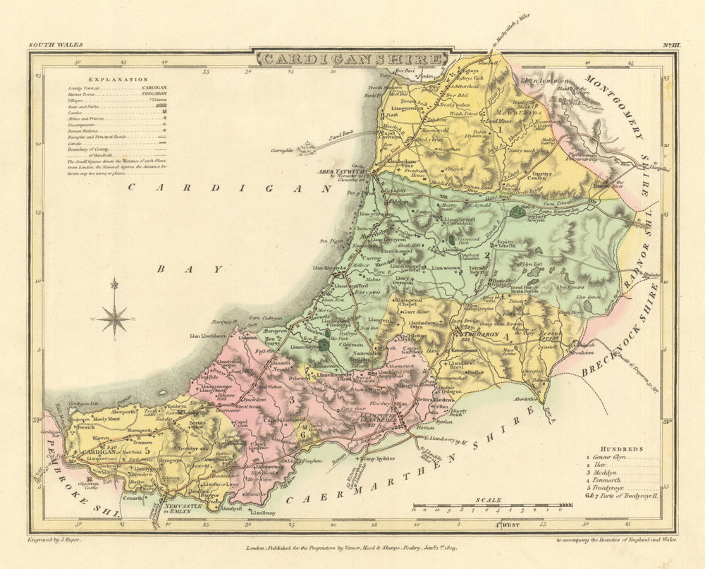Antique hand-coloured Cardiganshire county map by George Cole & John Roper 1810