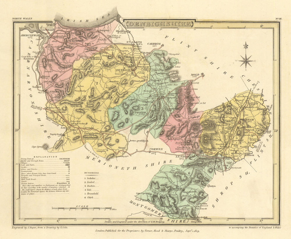 Antique hand-coloured Denbighshire county map by George Cole & John Roper 1810