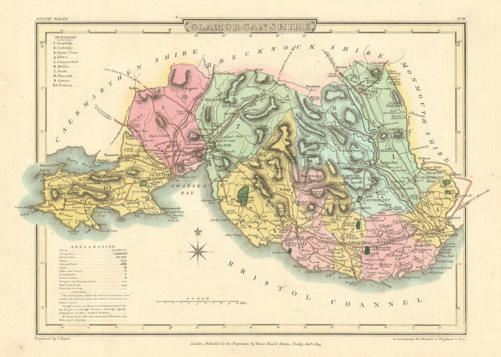 Antique hand-coloured Glamorganshire county map by George Cole & John Roper 1810