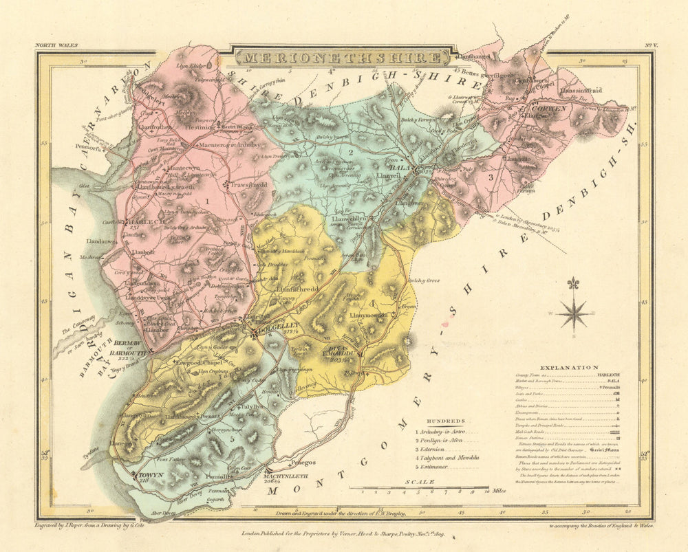 Antique hand-coloured Merionethshire county map by George Cole & John Roper 1810