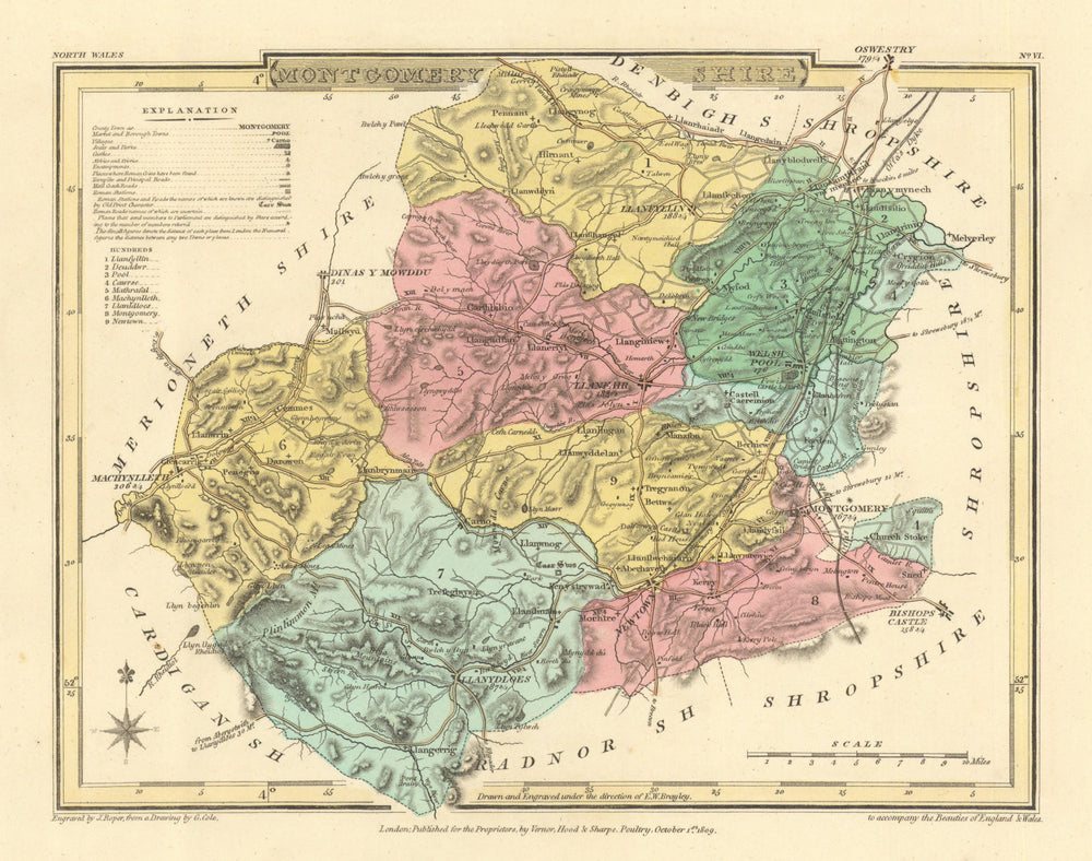 Antique hand-coloured Montgomeryshire county map by George Cole/John Roper 1810