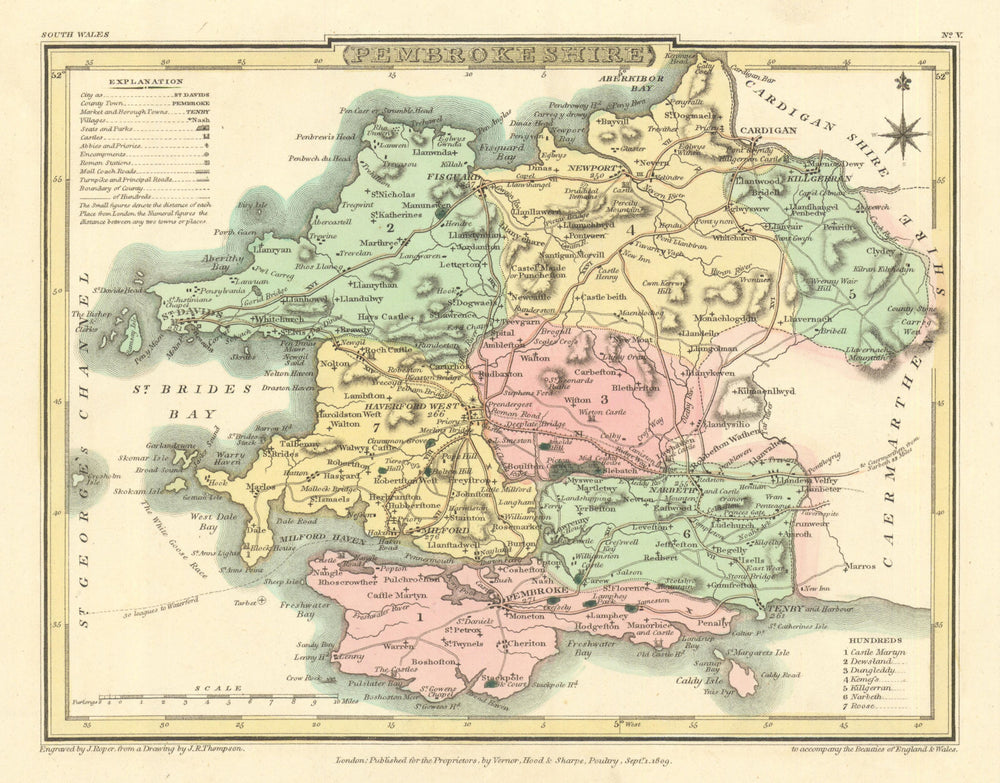 Antique hand-coloured Pembrokeshire county map by George Cole & John Roper 1810