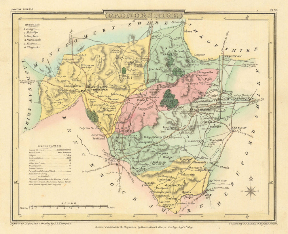 Antique hand-coloured Radnorshire county map by George Cole & John Roper 1810