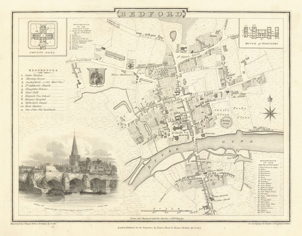 Antique engraved town city plan of Bedford by George Cole & John Roper 1810 map
