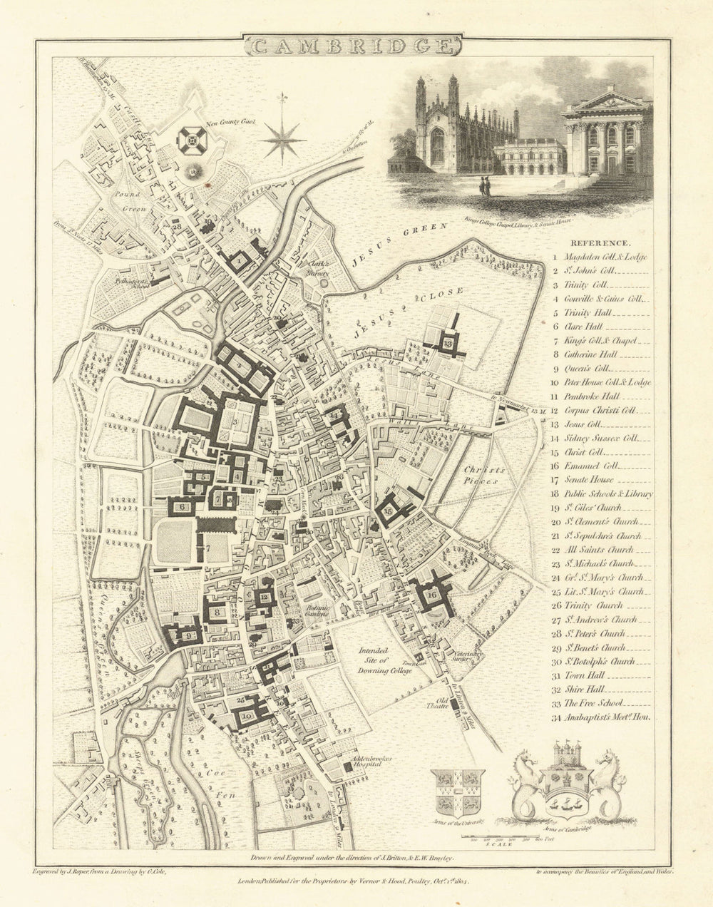 Antique engraved town city plan of Cambridge. George Cole & John Roper 1810 map