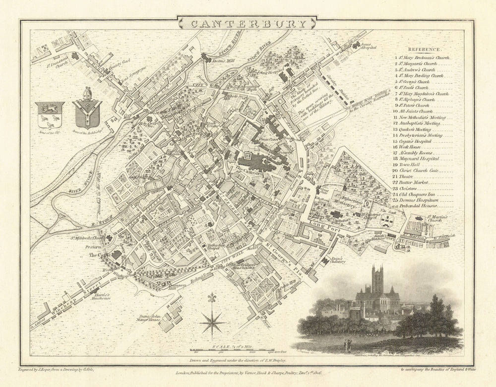 Antique town city plan of Canterbury by George Cole & John Roper. Kent 1810 map