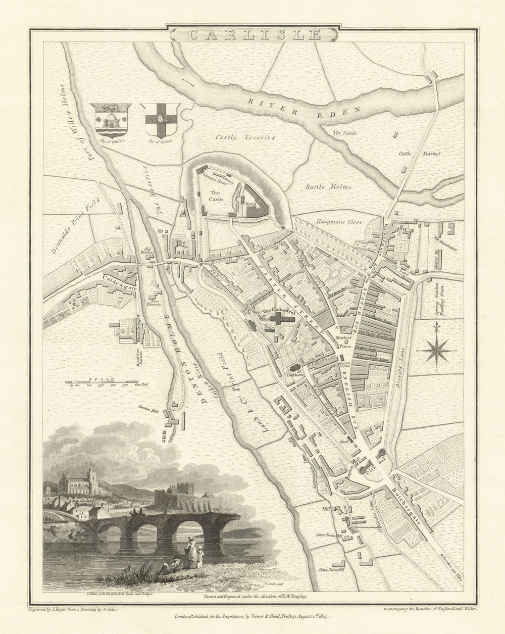 Antique town city plan of Carlisle by George Cole & John Roper. Cumbria 1810 map