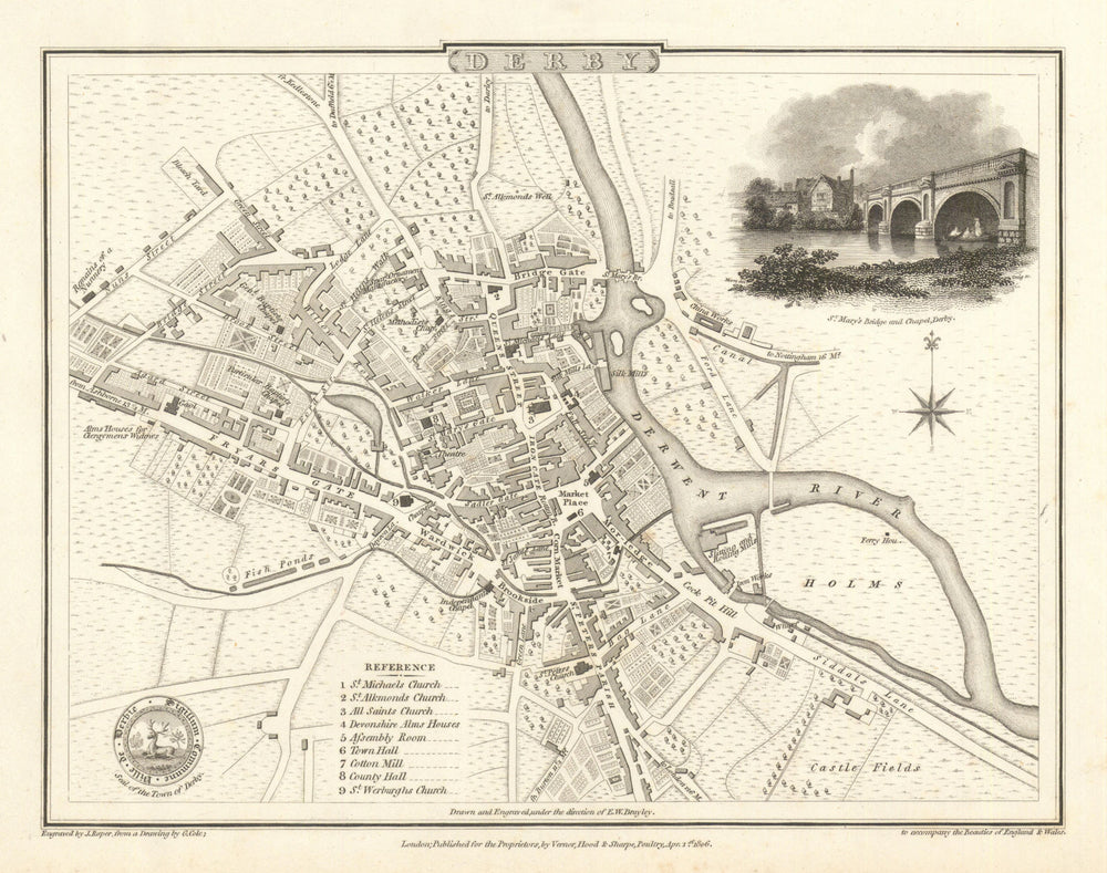 Antique town city plan of Derby by George Cole & John Roper. Derbyshire 1810 map