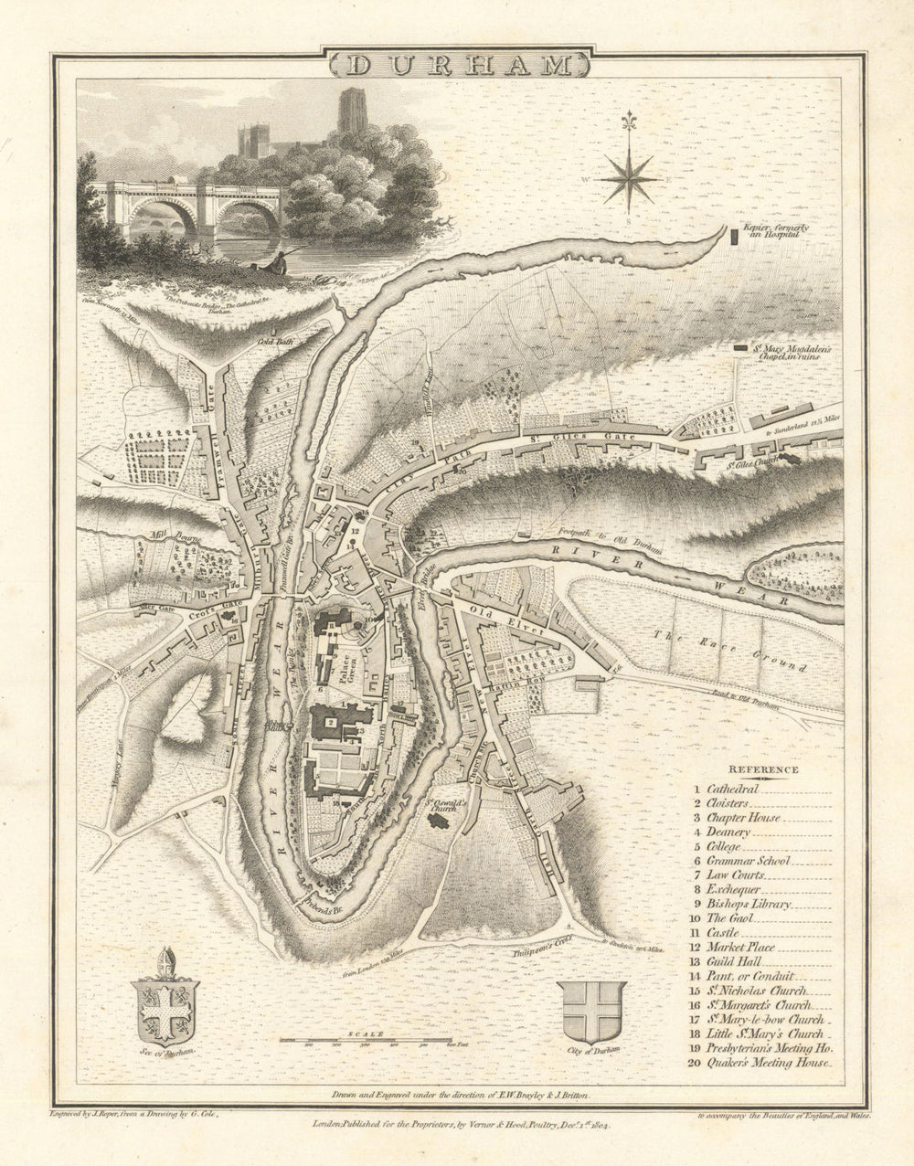 Antique town / city plan of Durham by George Cole & John Roper. Durham 1810 map