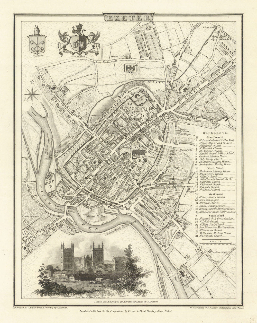 Antique town / city plan of Exeter by George Cole & John Roper. Devon 1810 map