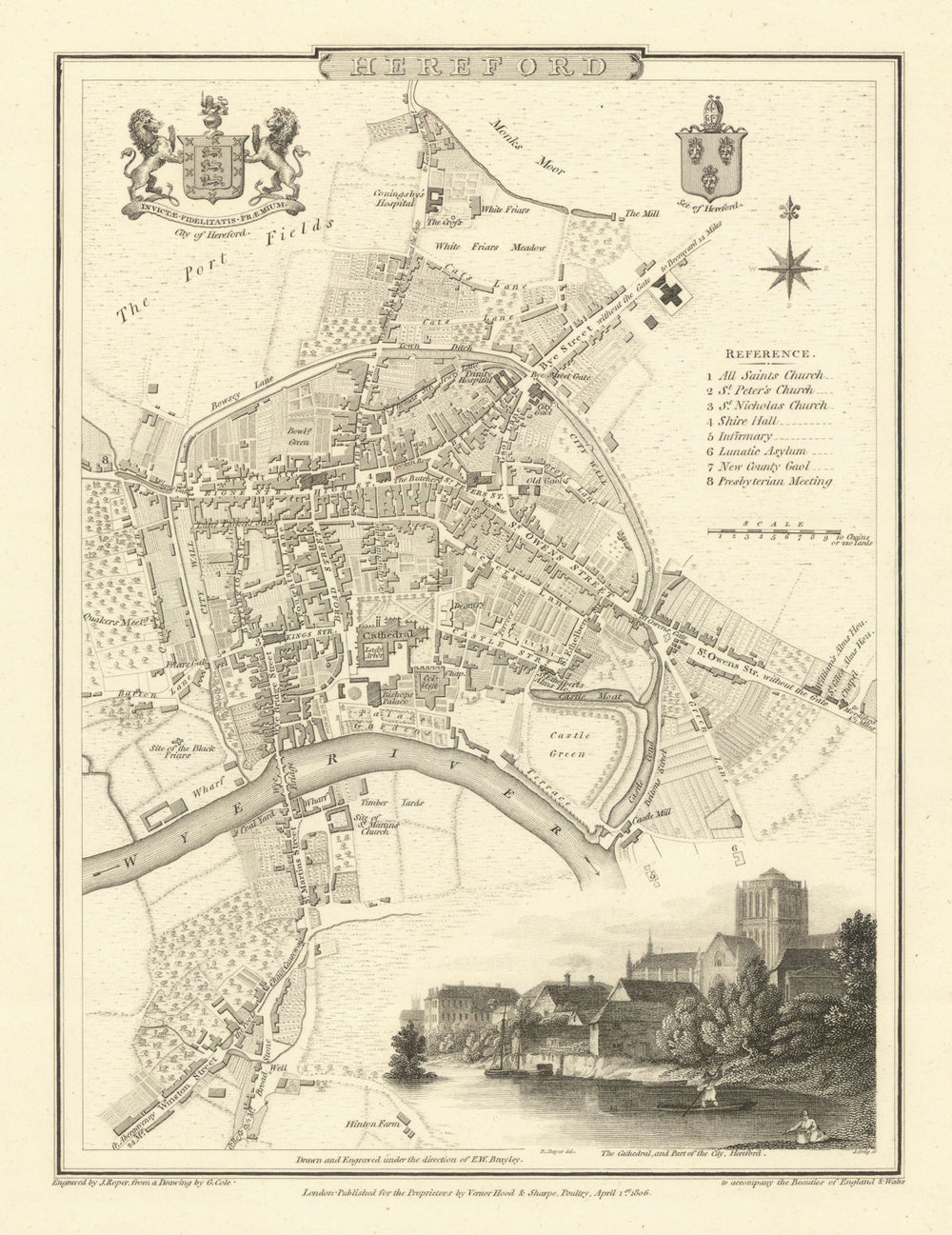 Antique engraved town city plan of Hereford by George Cole & John Roper 1810 map