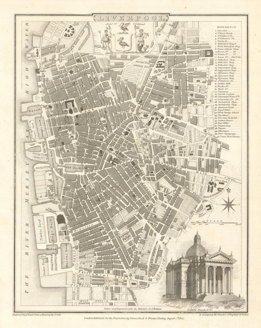 Antique engraved Liverpool town city plan by George Cole & John Roper 1810 map
