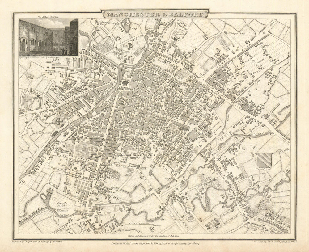 Antique town / city plan of Manchester & Salford by G. Cole & J. Roper 1810 map