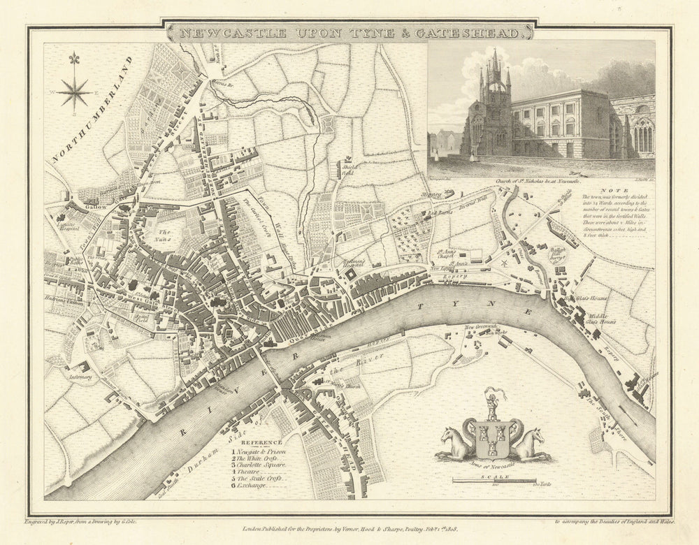 Antique town city plan of Newcastle upon Tyne & Gateshead by Cole/Roper 1810 map