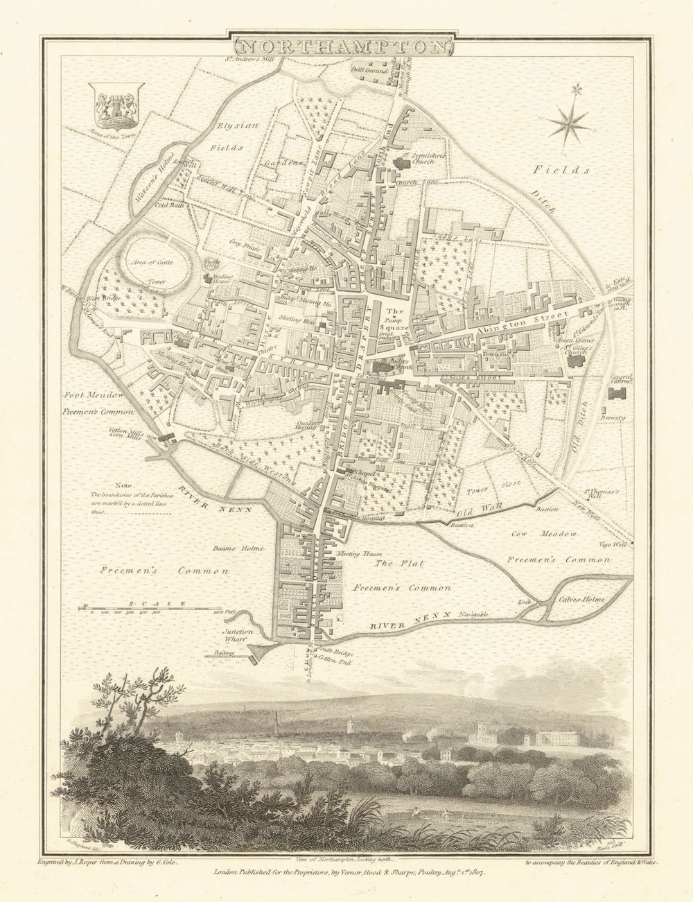 Antique town / city plan of Northampton by George Cole & John Roper 1810 map