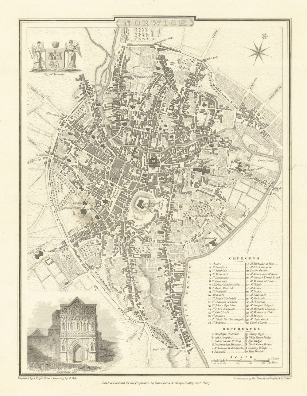 Antique town city plan of Norwich by George Cole & John Roper. Norfolk 1810 map
