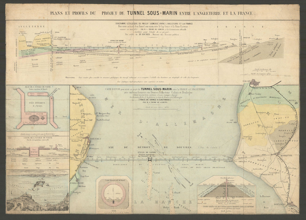 Plans & profils du projet de tunnel sous-marin… Channel tunnel. Gamond 1858 map