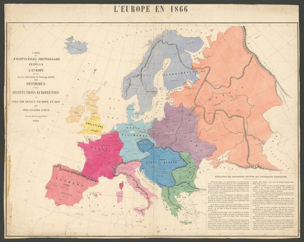 Proposed European national border realignments by Félix Durclé. Peace map 1866