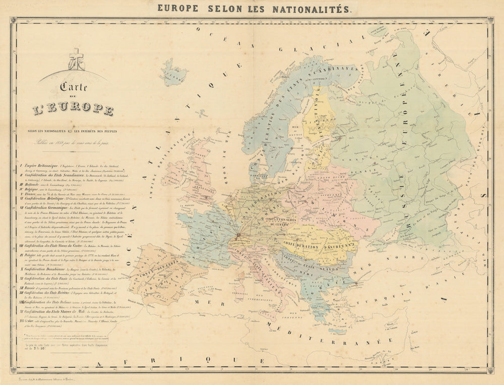 Carte de l’Europe selon les Nationalités &… Intérêts des Peuples. Peace map 1859