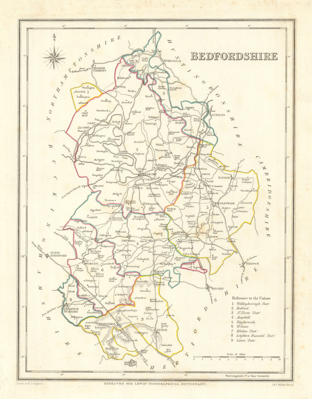 Antique county map of BEDFORDSHIRE by Creighton & Walker for Lewis c1840