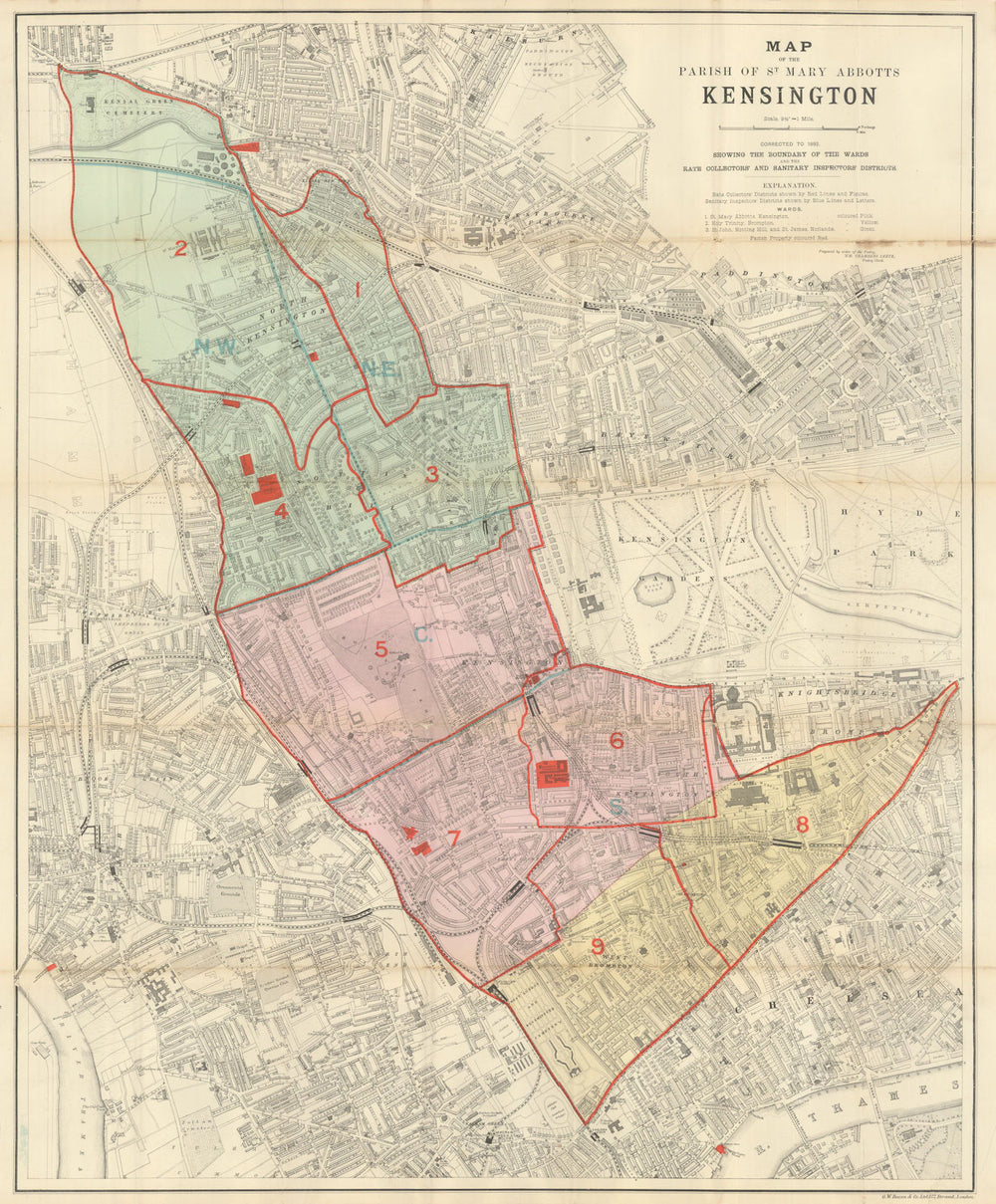 Map of the Parish of St. Mary Abbotts Kensington. Wards. Bacon/Leete 1892