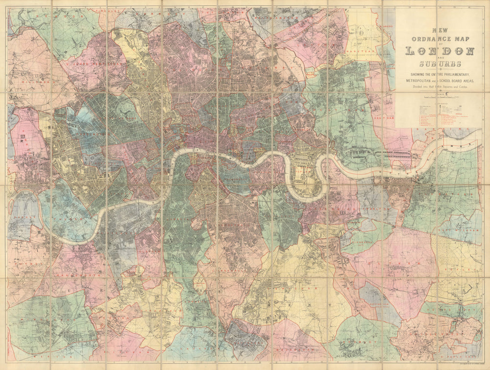 New Ordnance Parish Map of London and Suburbs by George Bacon 78x104cm c1883