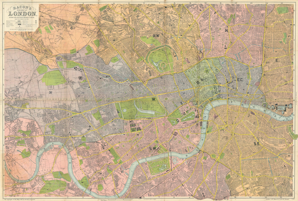 Bacon's New Map of London by George Bacon 67x100cm 1897 old antique chart