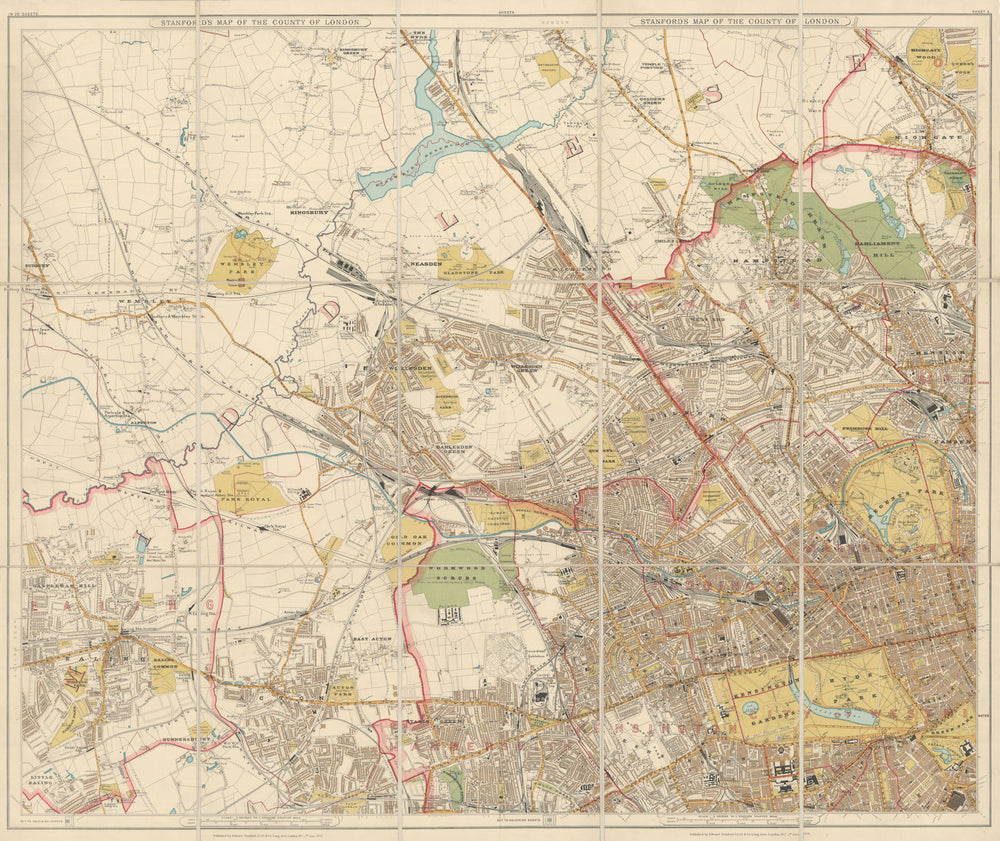 Stanford's New Map of the County of London—North West sheet. 70x84cm 1907