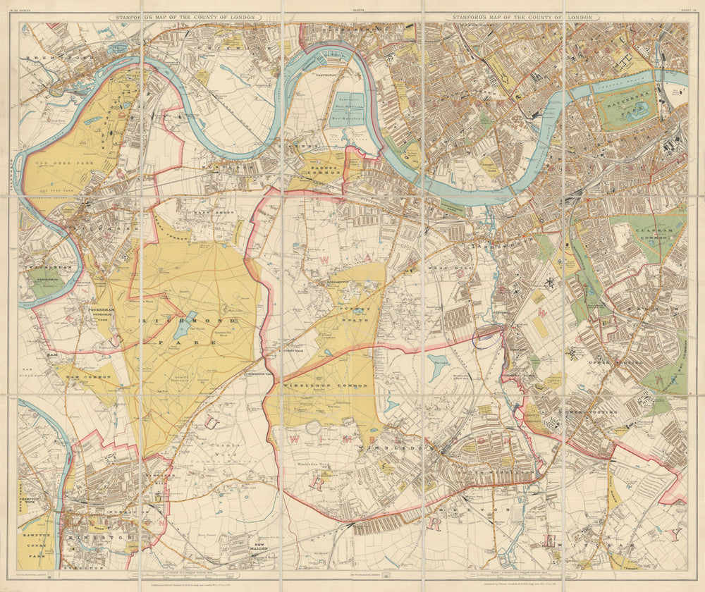 Stanford's New Map of the County of London—South West sheet. 70x84cm 1907