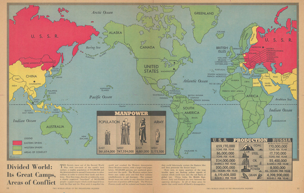 Divided World: Its Great Camps, Areas of Conflict. Cold War propaganda map 1948