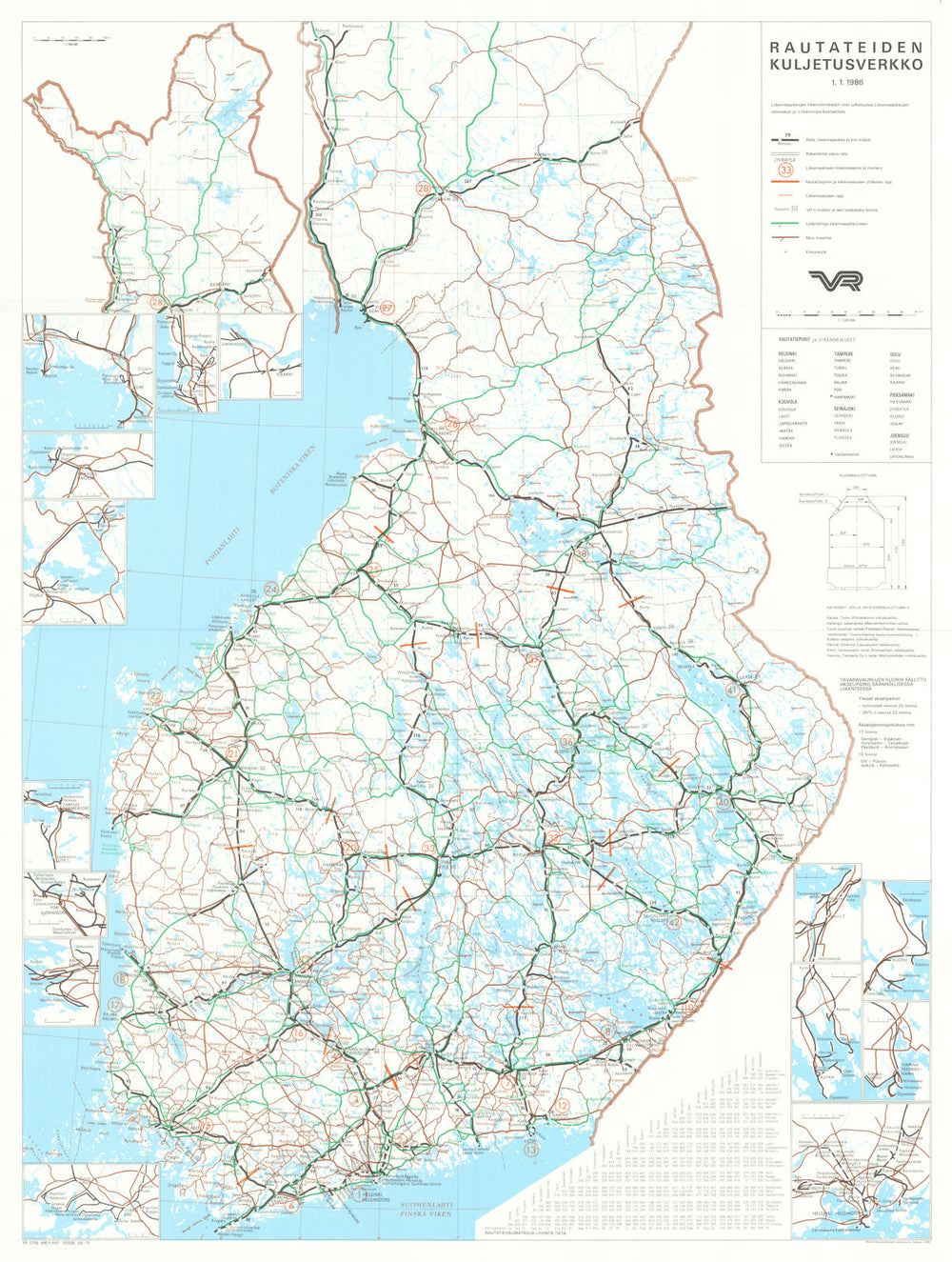 Rautateiden kuljetusverkko—VR Valtionrautatiet—Finnish State Railways 1986 map