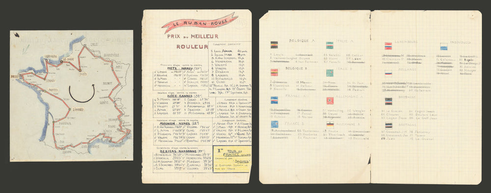 Tour de France route map & 35pg hand written cycling event results dossier c1946