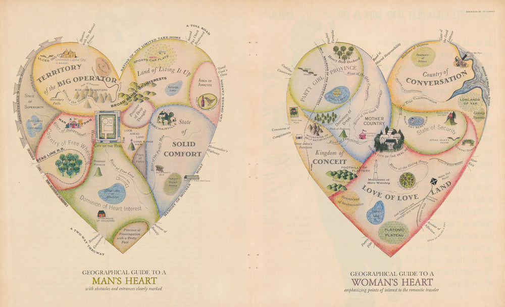 Geographical Guide to a Man & Woman's Heart by Jo Lowrey. Satirical map 1960
