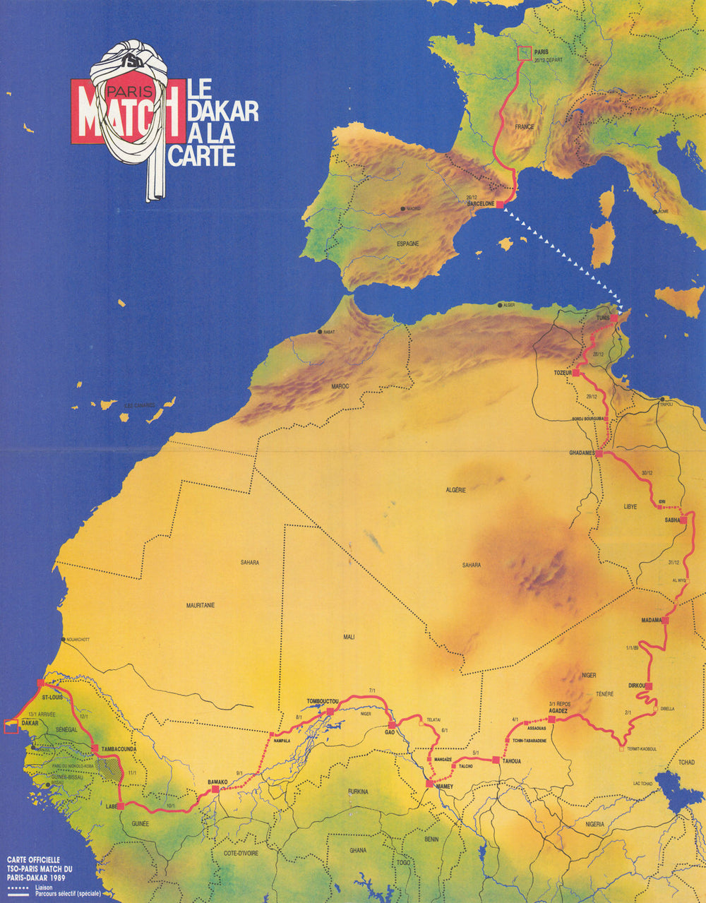 Carte Officielle Paris Match—Paris-Dakar rallye. Poster route map 57x45cm 1989