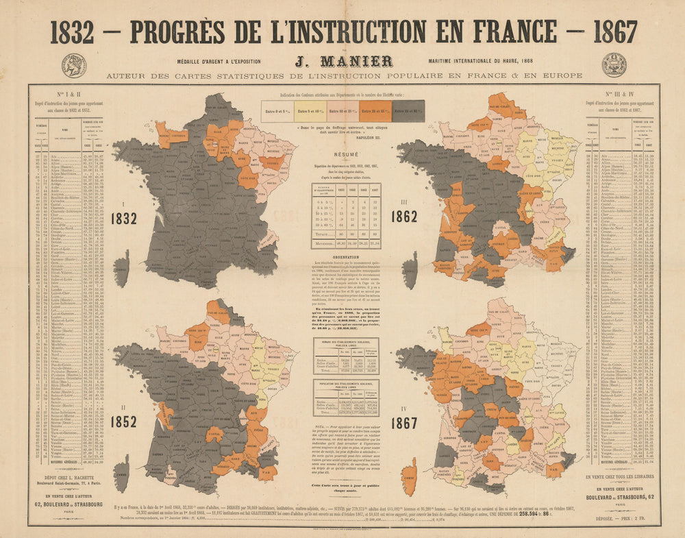 Progrès de l'Instruction en France—Reduction of illiteracy—1832 to 1867 map