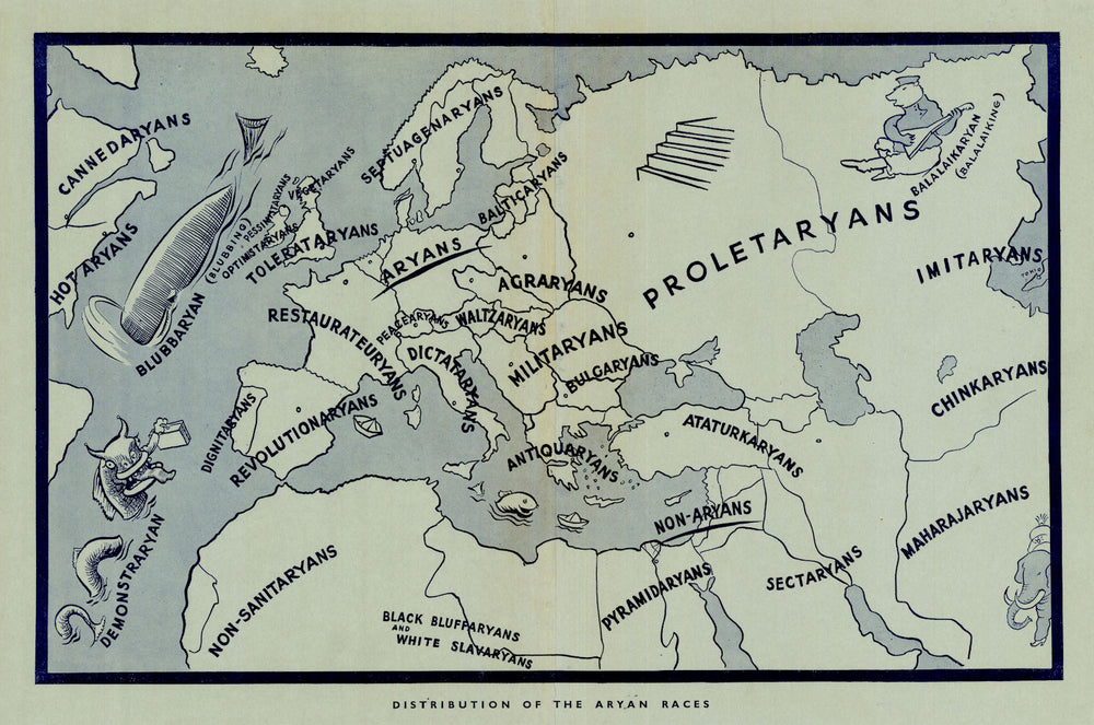 Distribution of the Aryan Races—Satirical anti-Nazi racial ideology map—Kem 1937