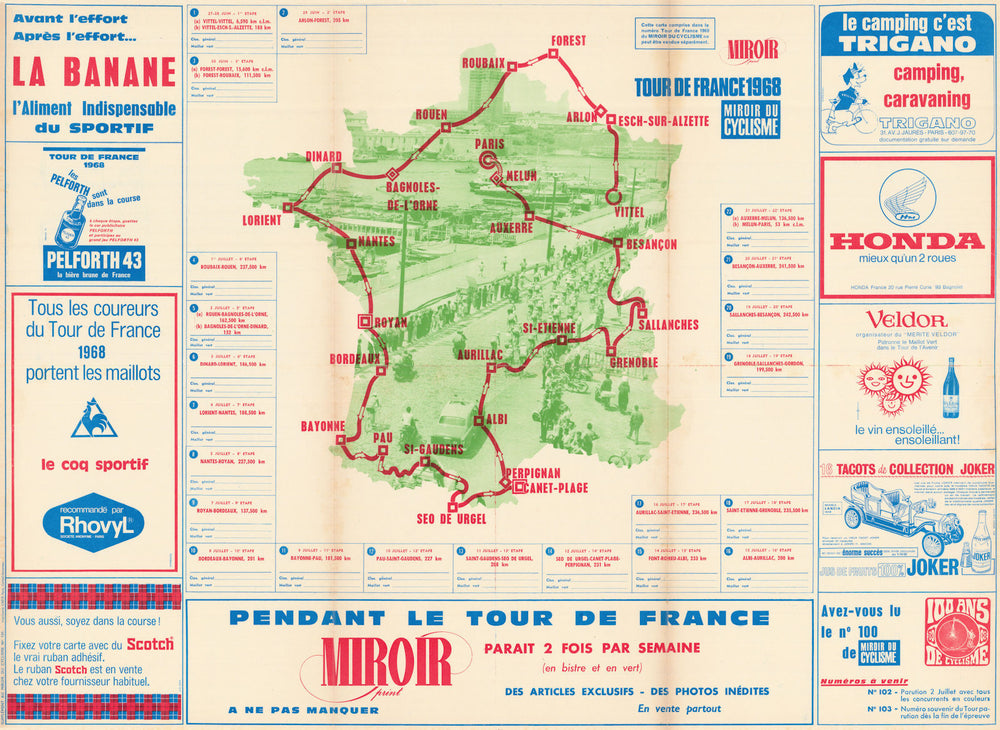 Tour de France - Miroir du Cyclisme. Cycling route poster map 75x55 cm 1968